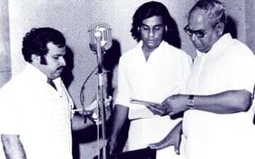 singers and composer while singing Kanaka Simhasanam