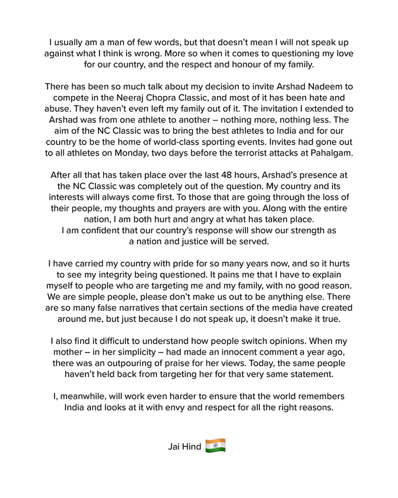 neeraj chopra statement