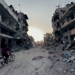 The scene of widespread destruction following the intense military operations in Khan Younis, Gaza