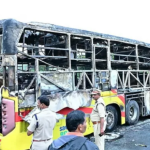 Hyderabad-bound private bus that caught fire after a collision